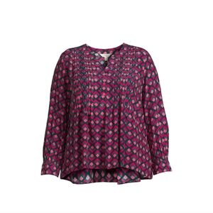 Terra & Sky Women 2XL Long Sleeve Popover Geometric Blouse Pleated Bodice